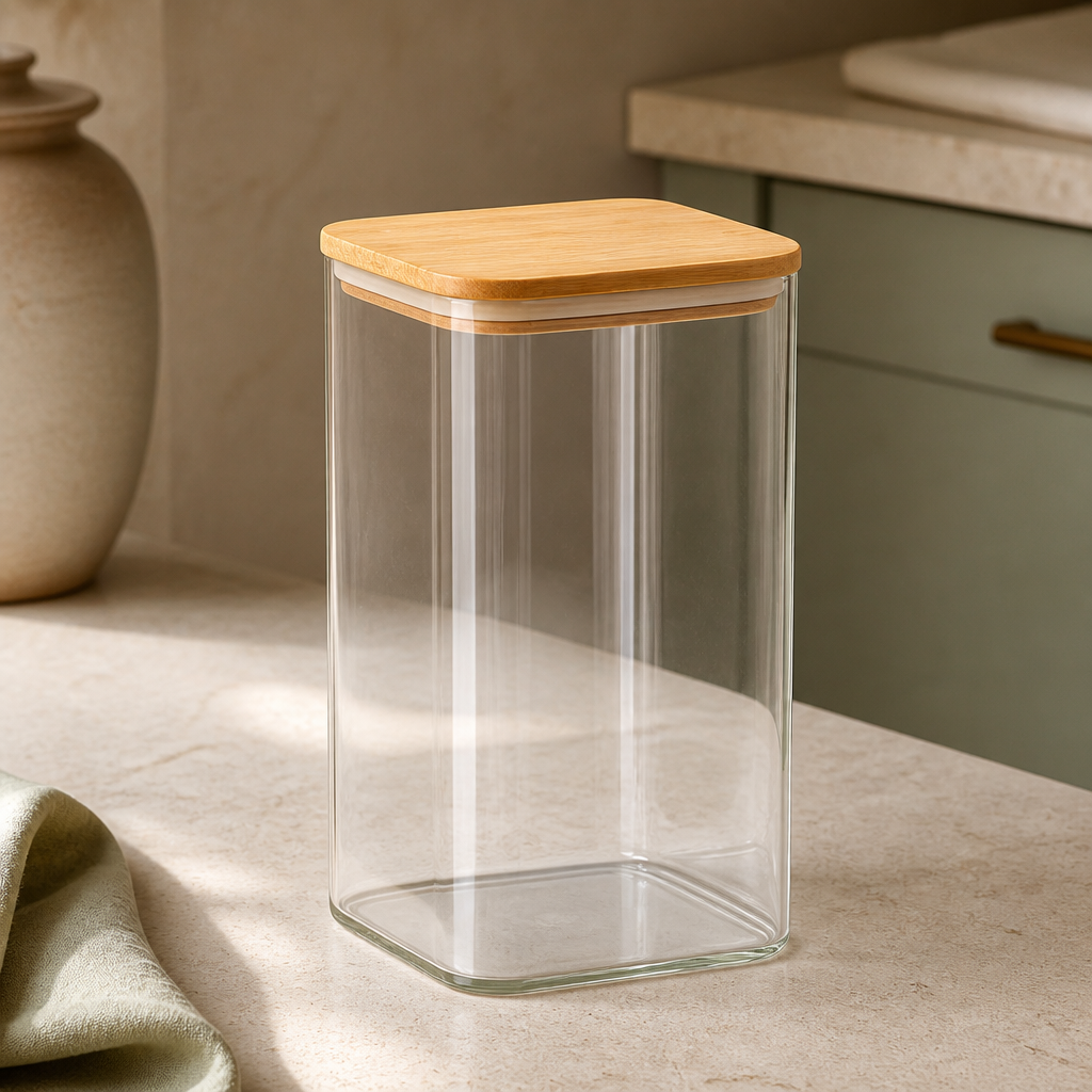 Pote de Vidro Hermético Quadrado com Tampa de Bambu 1,5 L ambientado em uma casa organizada