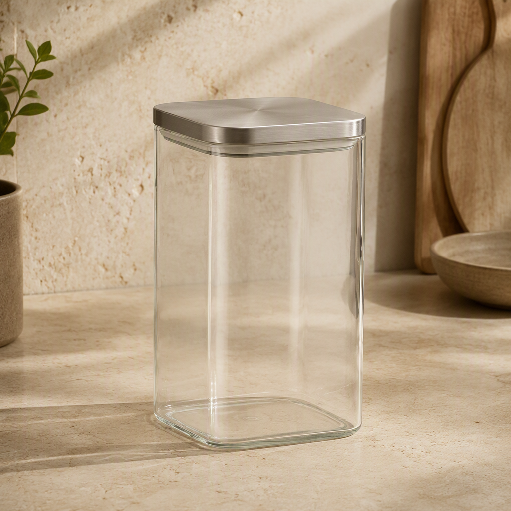 Pote de Vidro Hermético Quadrado com Tampa de Inox 1,5 L ambientado em uma casa organizada