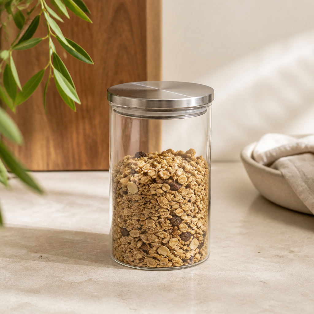 Pote de Vidro Hermético Redondo com Tampa de Inox 1,1 L ambientado em uma casa organizada
