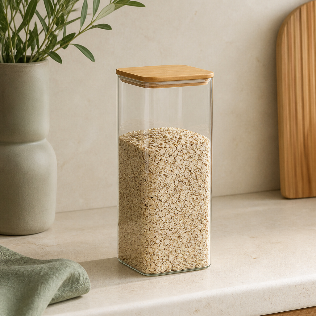 Pote de Vidro Hermético Quadrado com Tampa de Bambu 1,8 L ambientado em uma casa organizada