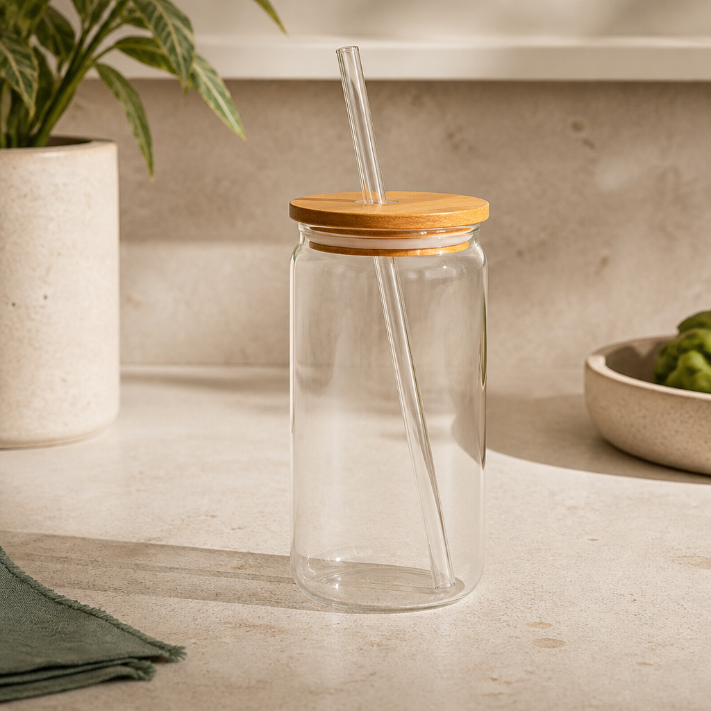 Copo de Vidro com Tampa e Canudo 500 ml ambientado em uma casa organizada