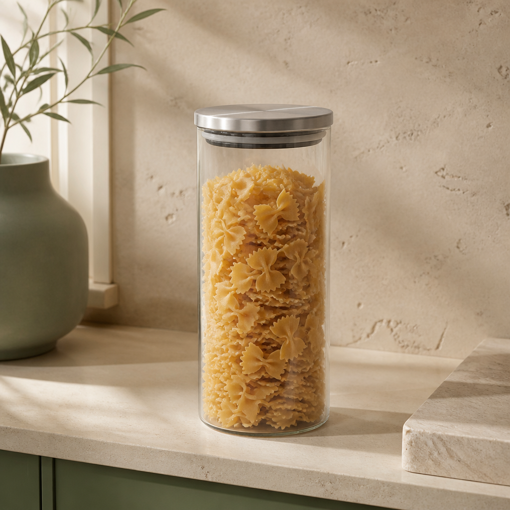 Pote de Vidro Hermético Redondo com Tampa de Inox 1,8 L ambientado em uma casa organizada