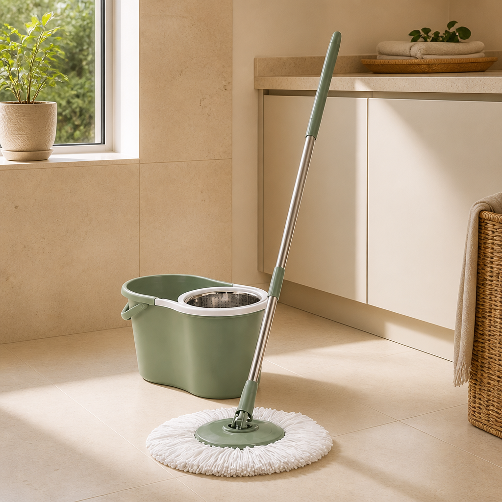 Mop Giratório com Cesto de Inox 8 L ambientado em uma casa organizada