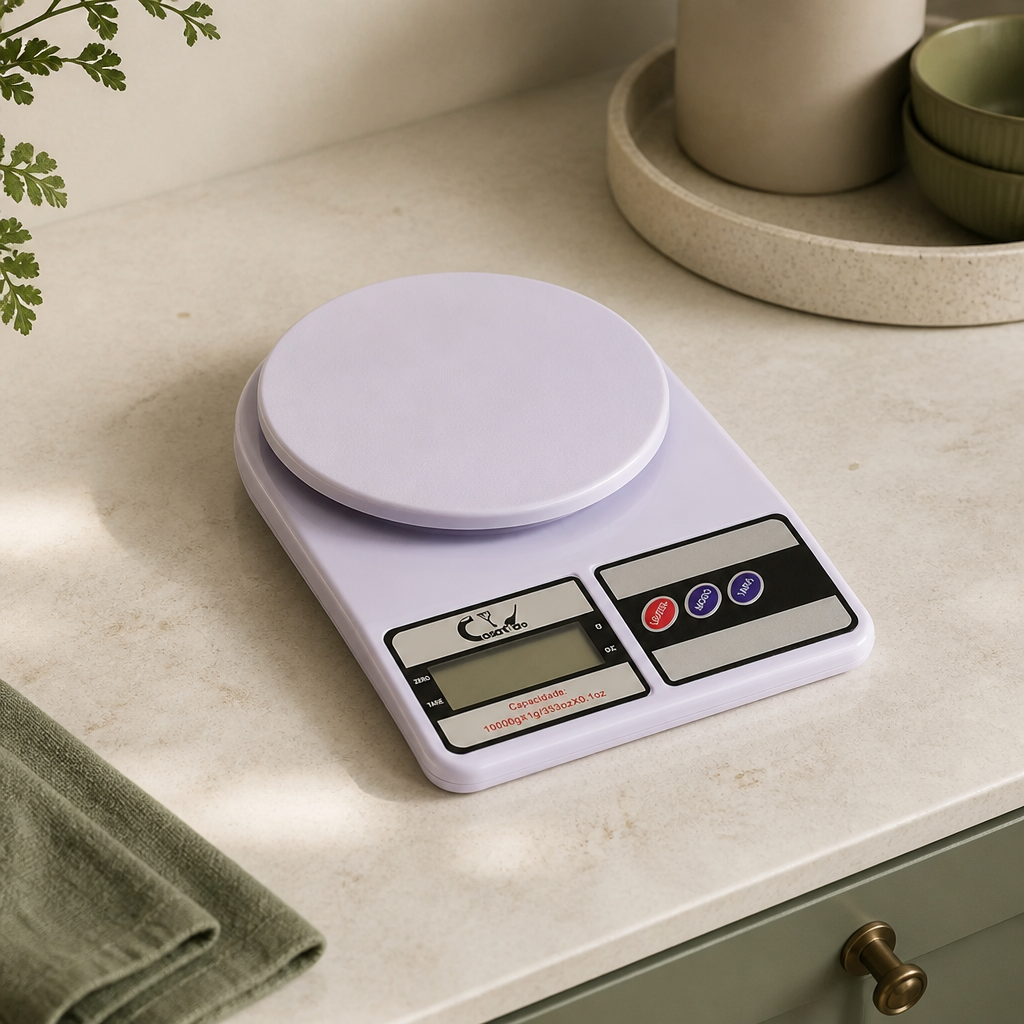 Balança Digital de Cozinha 10 kg ambientado em uma casa organizada