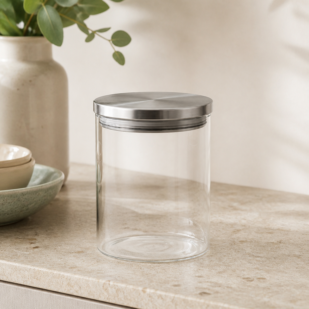 Pote de Vidro Hermético Redondo com Tampa de Inox 800 ml ambientado em uma casa organizada
