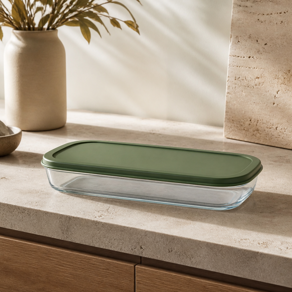 Assadeira de Vidro Retangular com Tampa de Silicone 2,2 L ambientado em uma casa organizada