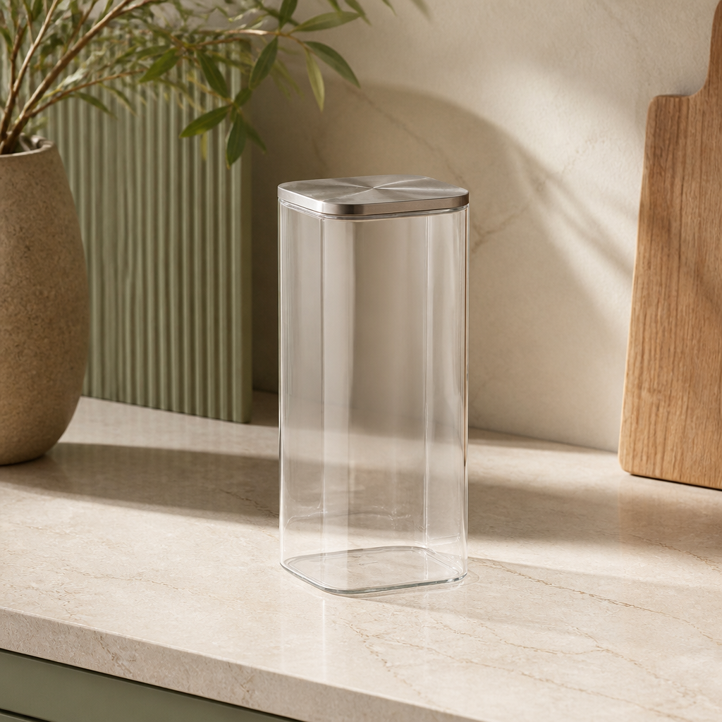 Pote de Vidro Hermético Quadrado com Tampa de Inox 1,8 L ambientado em uma casa organizada