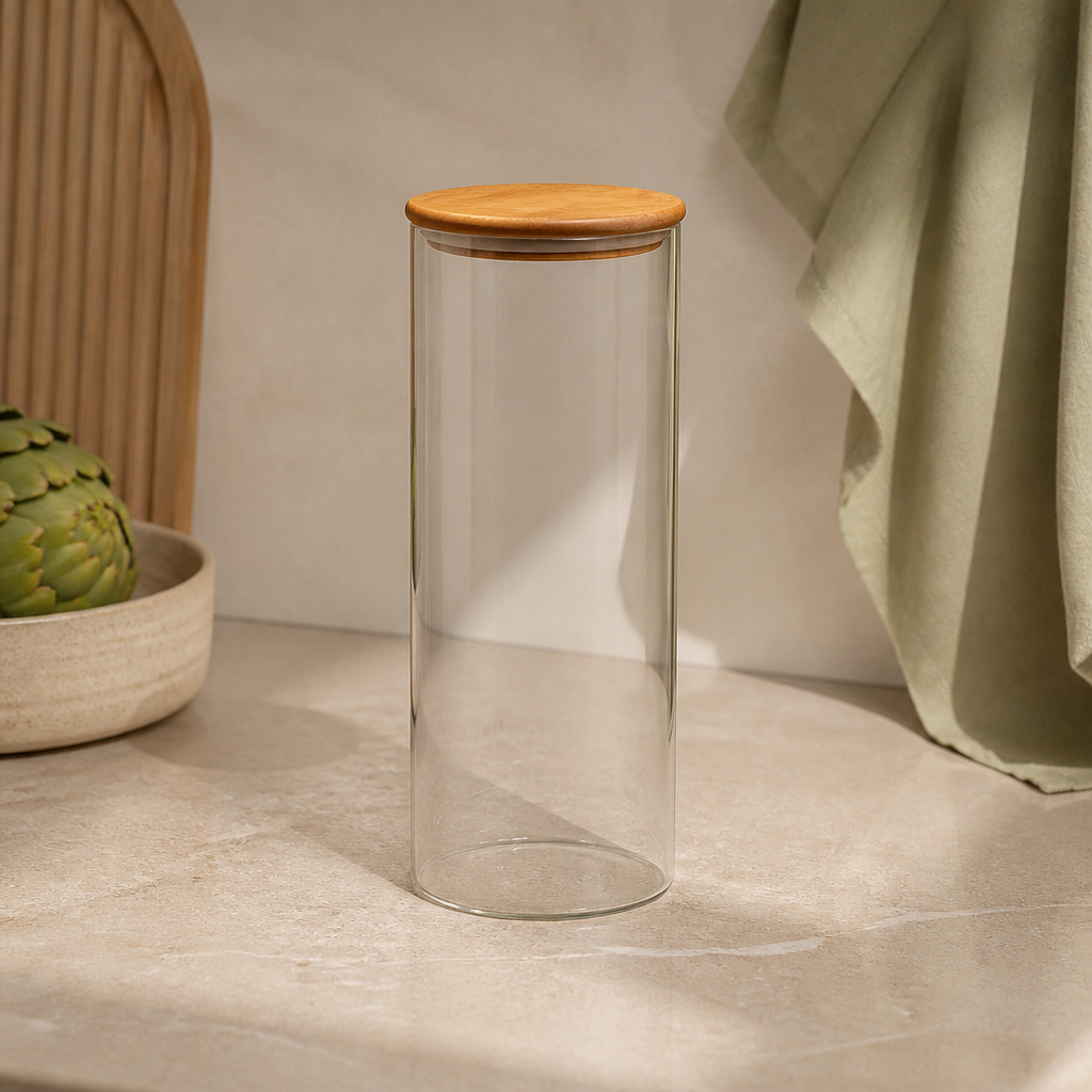Pote de Vidro Hermético Redondo com Tampa de Bambu 1,8 L ambientado em uma casa organizada