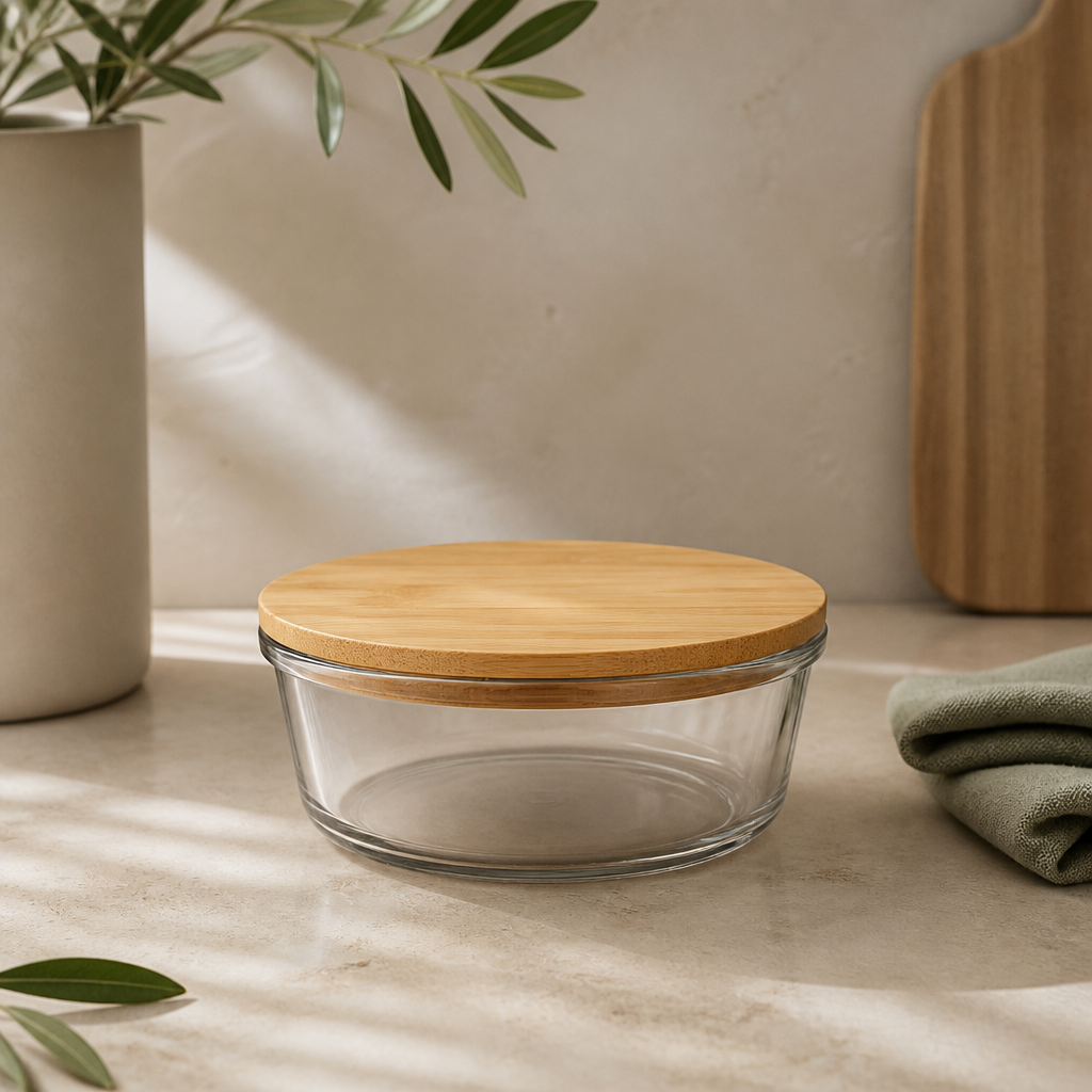 Pote de Vidro Hermético Redondo com Tampa de Bambu 380 ml ambientado em uma casa organizada