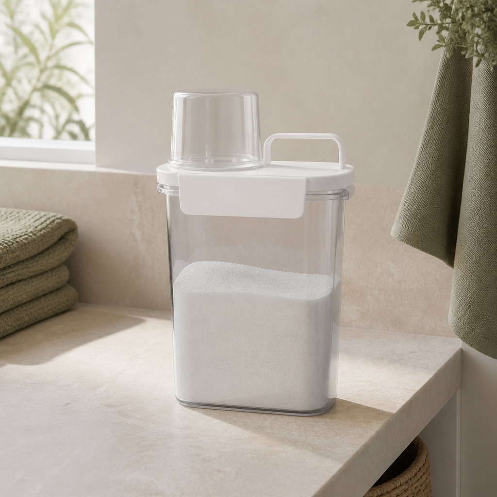 Organizador de Lavanderia Acrílico 1,8 L ambientado em uma casa organizada