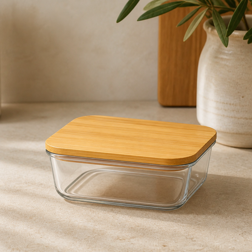 Pote de Vidro Hermético Quadrado com Tampa de Bambu 780 ml ambientado em uma casa organizada