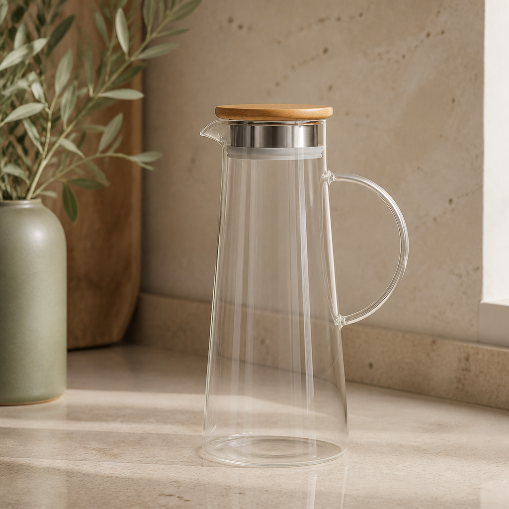 Jarra de Vidro com Tampa de Bambu e Inox 1,7 L ambientado em uma casa organizada