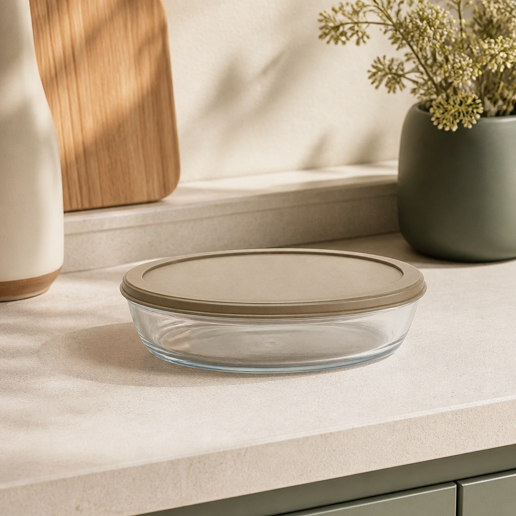Assadeira de Vidro Oval com Tampa de Silicone 700 ml ambientado em uma casa organizada