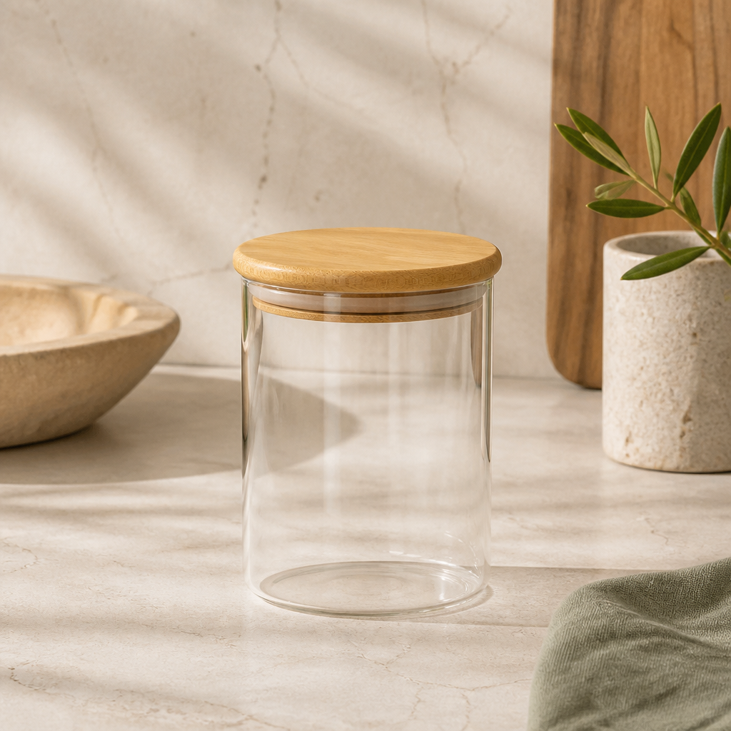 Pote de Vidro Hermético Redondo com Tampa de Bambu 800 ml ambientado em uma casa organizada