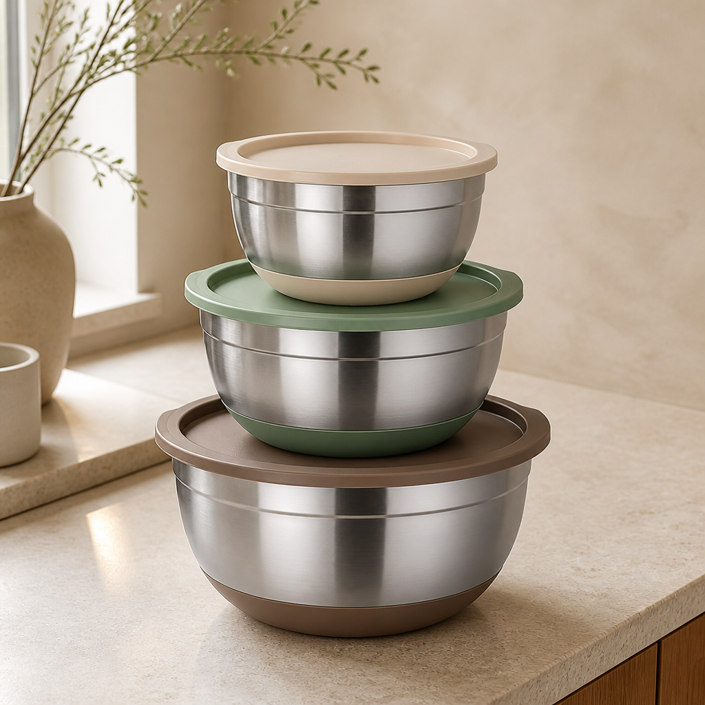 Conjunto de Bowls de Inox com Tampa 3 Peças ambientado em uma casa organizada