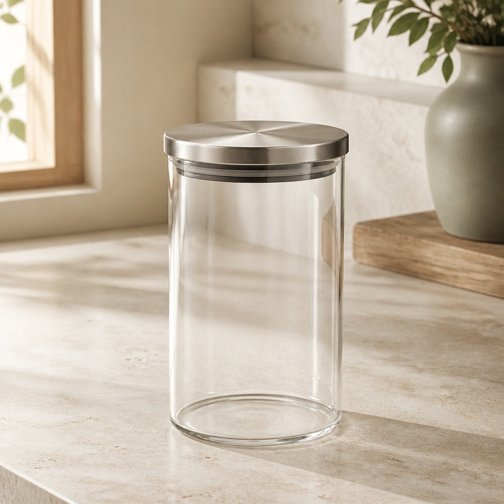 Pote de Vidro Hermético Redondo com Tampa de Inox 1,5 L ambientado em uma casa organizada