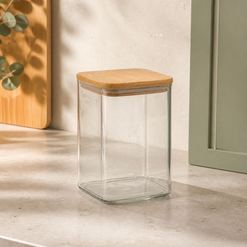 Pote de Vidro Hermético Quadrado com Tampa de Bambu 1,2 L ambientado em uma casa organizada