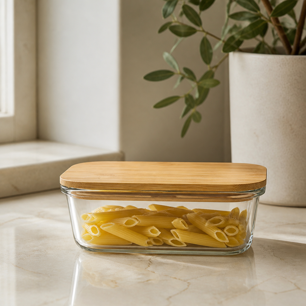 Pote de Vidro Hermético Retangular com Tampa de Bambu 650 ml ambientado em uma casa organizada