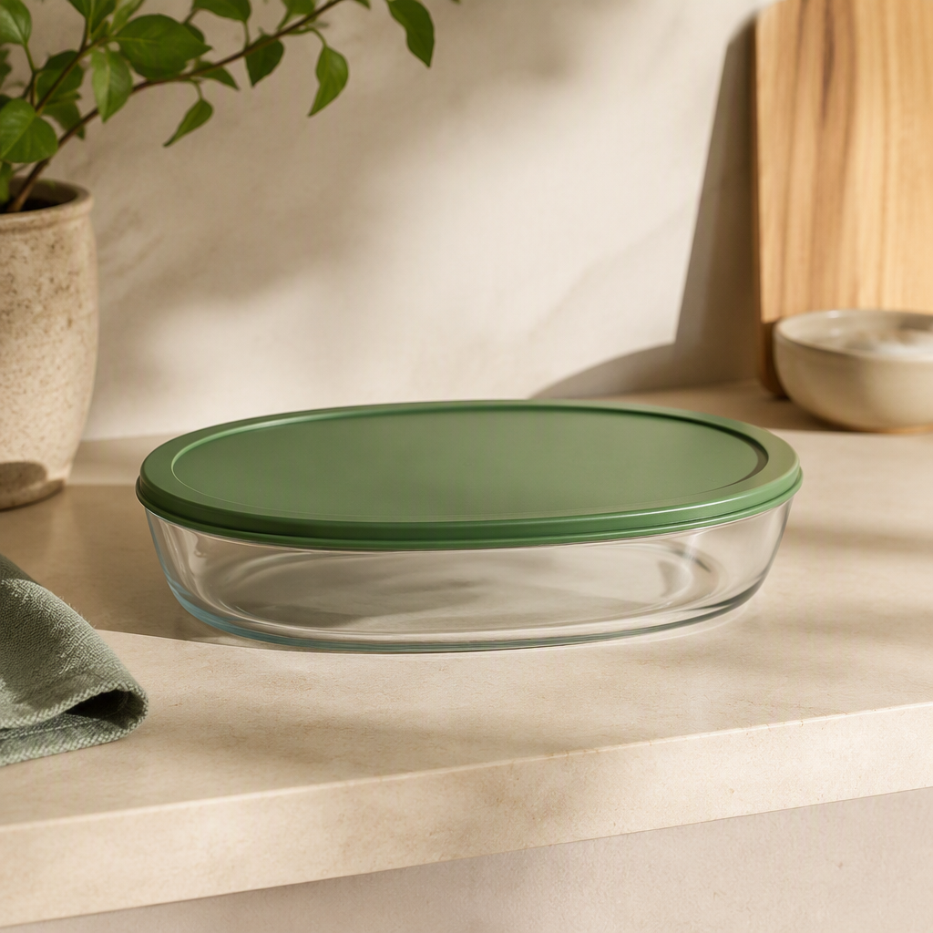 Assadeira de Vidro Oval com Tampa de Silicone 2,4 L ambientado em uma casa organizada