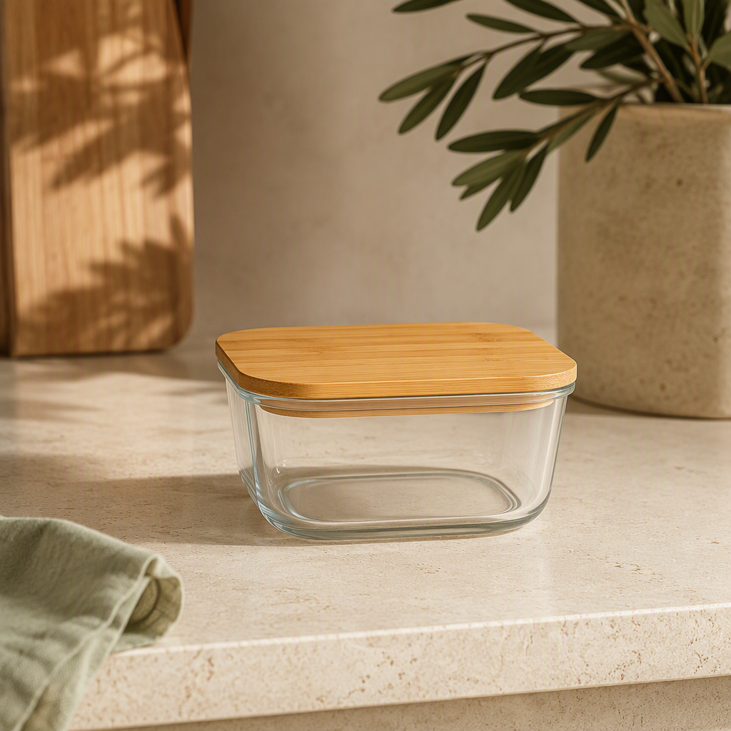 Pote de Vidro Hermético Quadrado com Tampa de Bambu 380 ml ambientado em uma casa organizada
