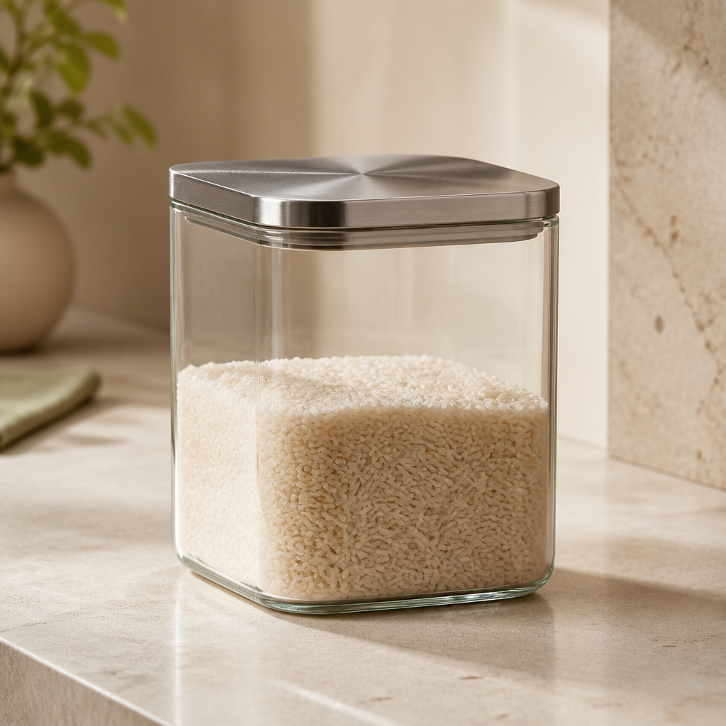 Pote de Vidro Hermético Quadrado com Tampa de Inox 1,2 L ambientado em uma casa organizada