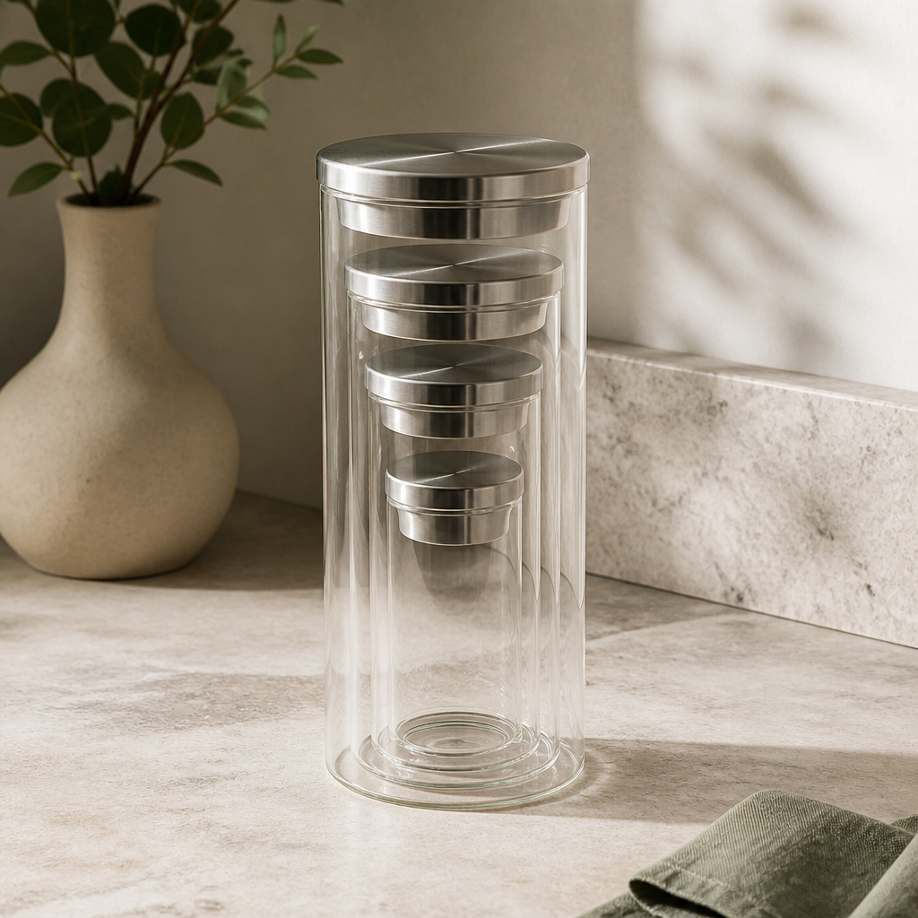 Conjunto de Potes de Vidro Redondos com Tampa de Inox 4 Peças ambientado em uma casa organizada