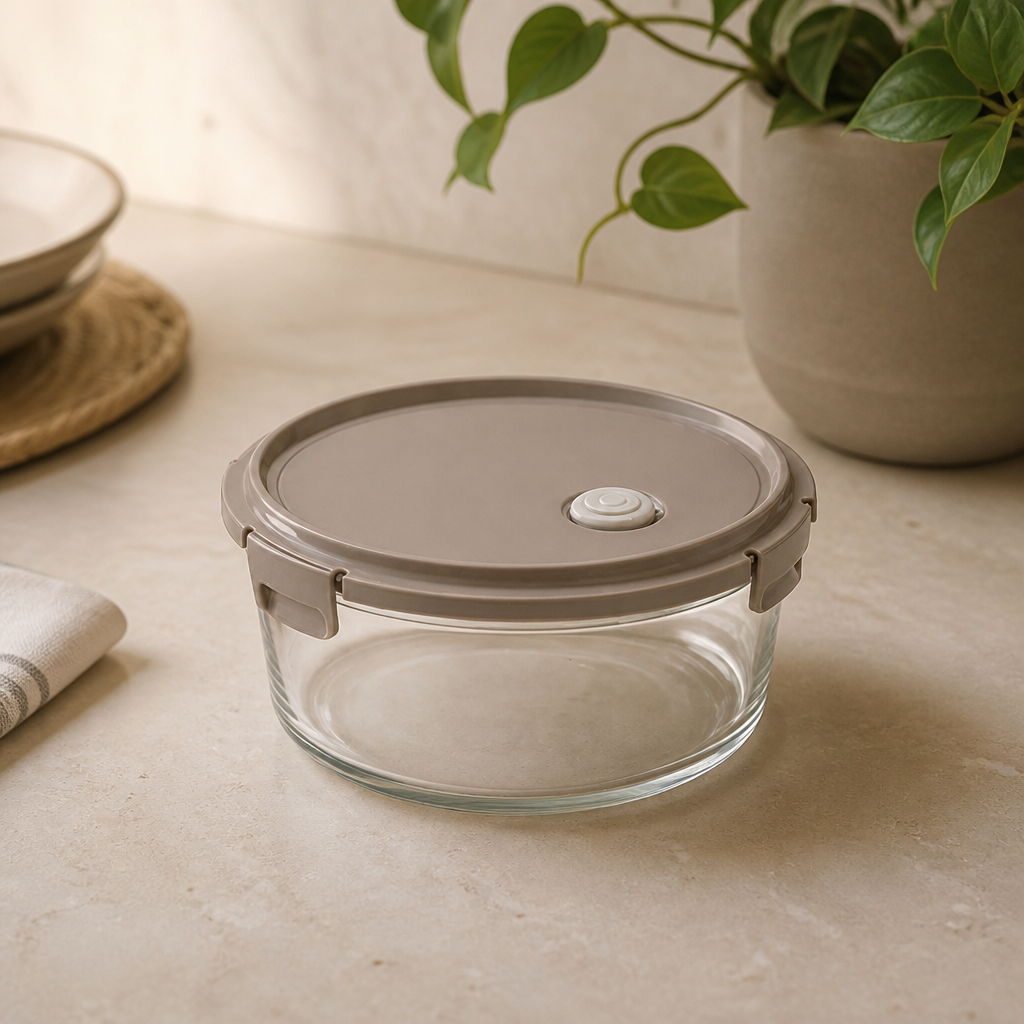Pote de Vidro Hermético Redondo com Válvula 380 ml ambientado em uma casa organizada