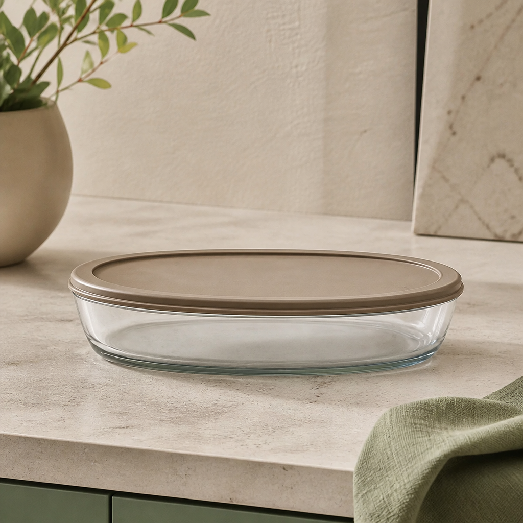 Assadeira de Vidro Oval com Tampa de Silicone 1,6 L ambientado em uma casa organizada