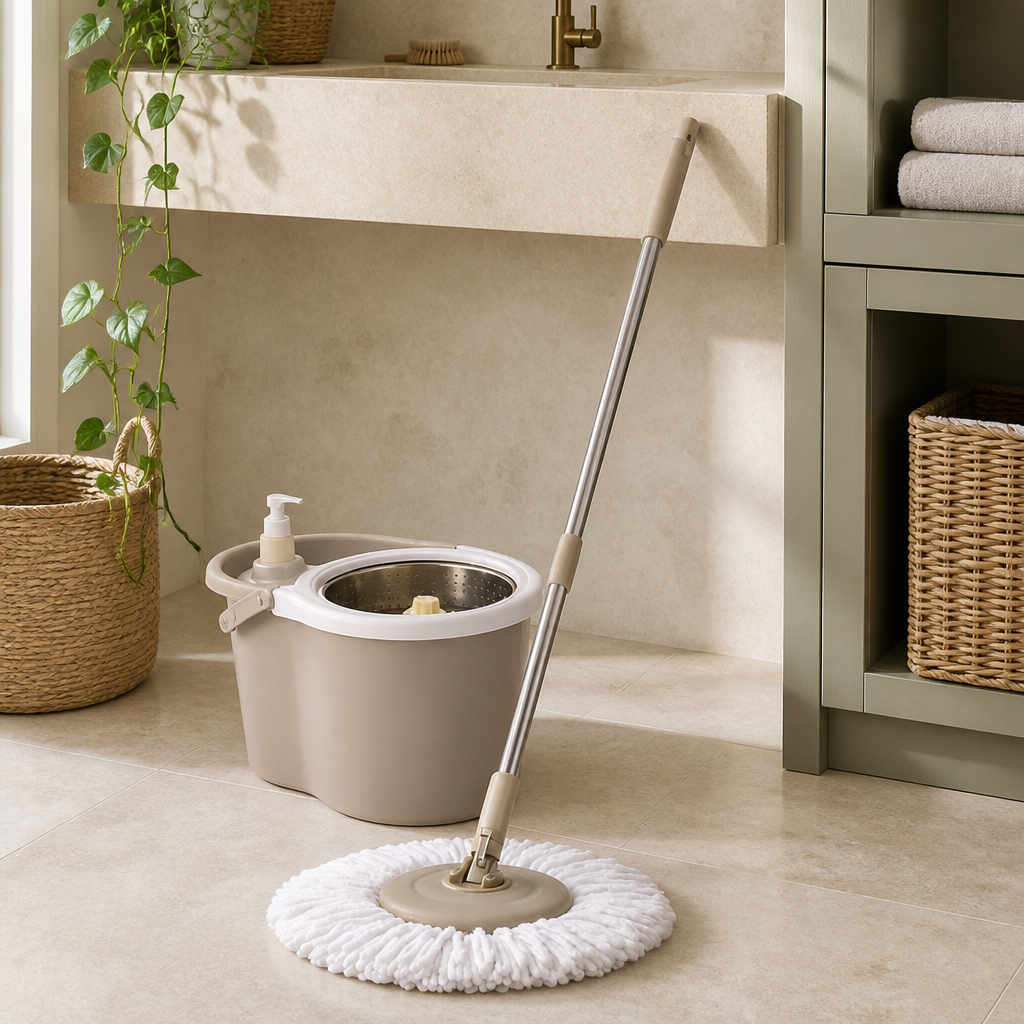 Mop Giratório com Dispenser e Rodas 14 L ambientado em uma casa organizada