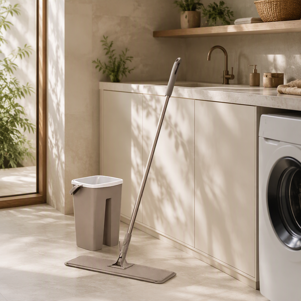 Mop Flat com Balde 7 L ambientado em uma casa organizada