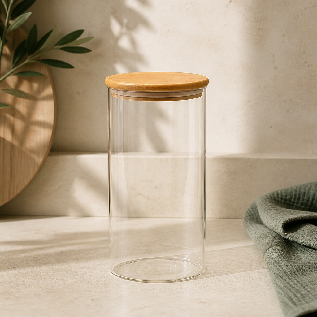 Pote de Vidro Hermético Redondo com Tampa de Bambu 1,5 L ambientado em uma casa organizada