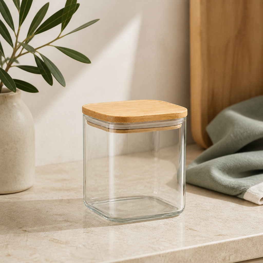 Pote de Vidro Hermético Quadrado com Tampa de Bambu 800 ml ambientado em uma casa organizada