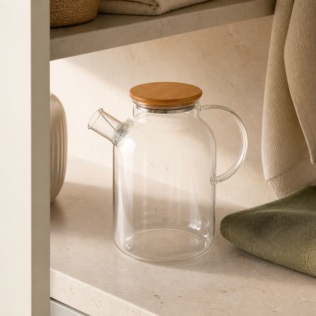 Chaleira de Vidro com Tampa de Bambu 1,8 L ambientado em uma casa organizada