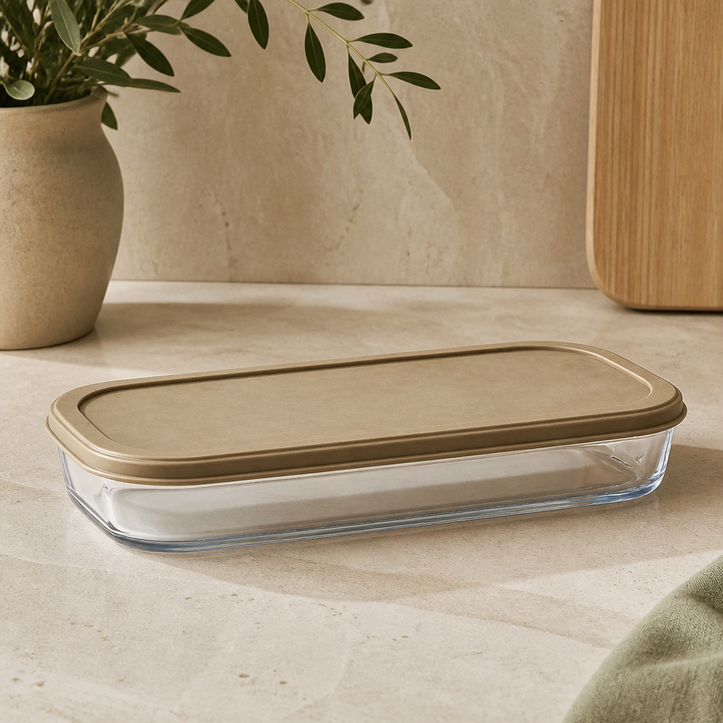 Assadeira de Vidro Retangular com Tampa de Silicone 3 L ambientado em uma casa organizada
